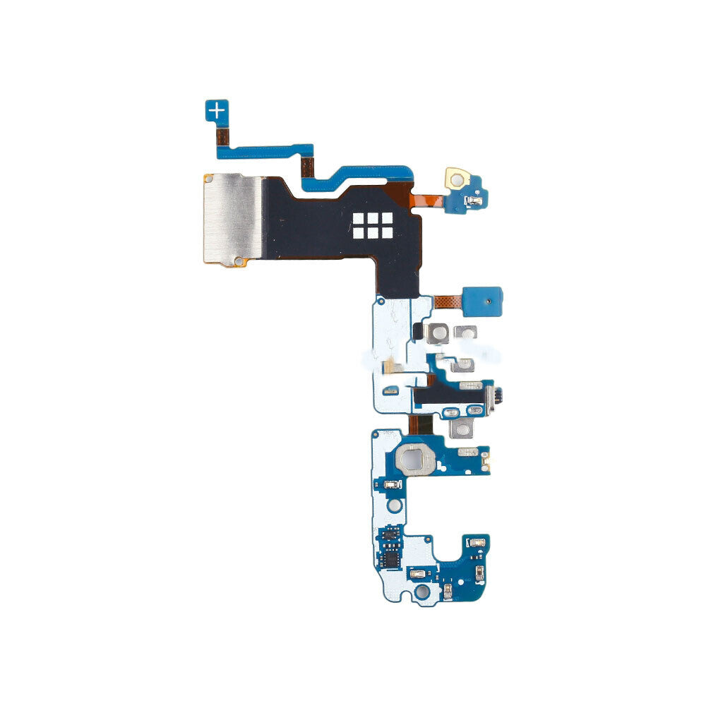 Close-up view of an OG Charging Port Flex Cable For Samsung Galaxy S9 Plus, showcasing the electronic circuit board components with various blue, silver, and copper-colored elements.