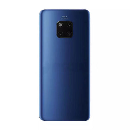 A blue smartphone with a rectangular quad-camera module on the back, located at the center near the top, featuring a high-quality Dr.Parts Back Cover Replacement for Huawei Mate 20 Pro (Blue).