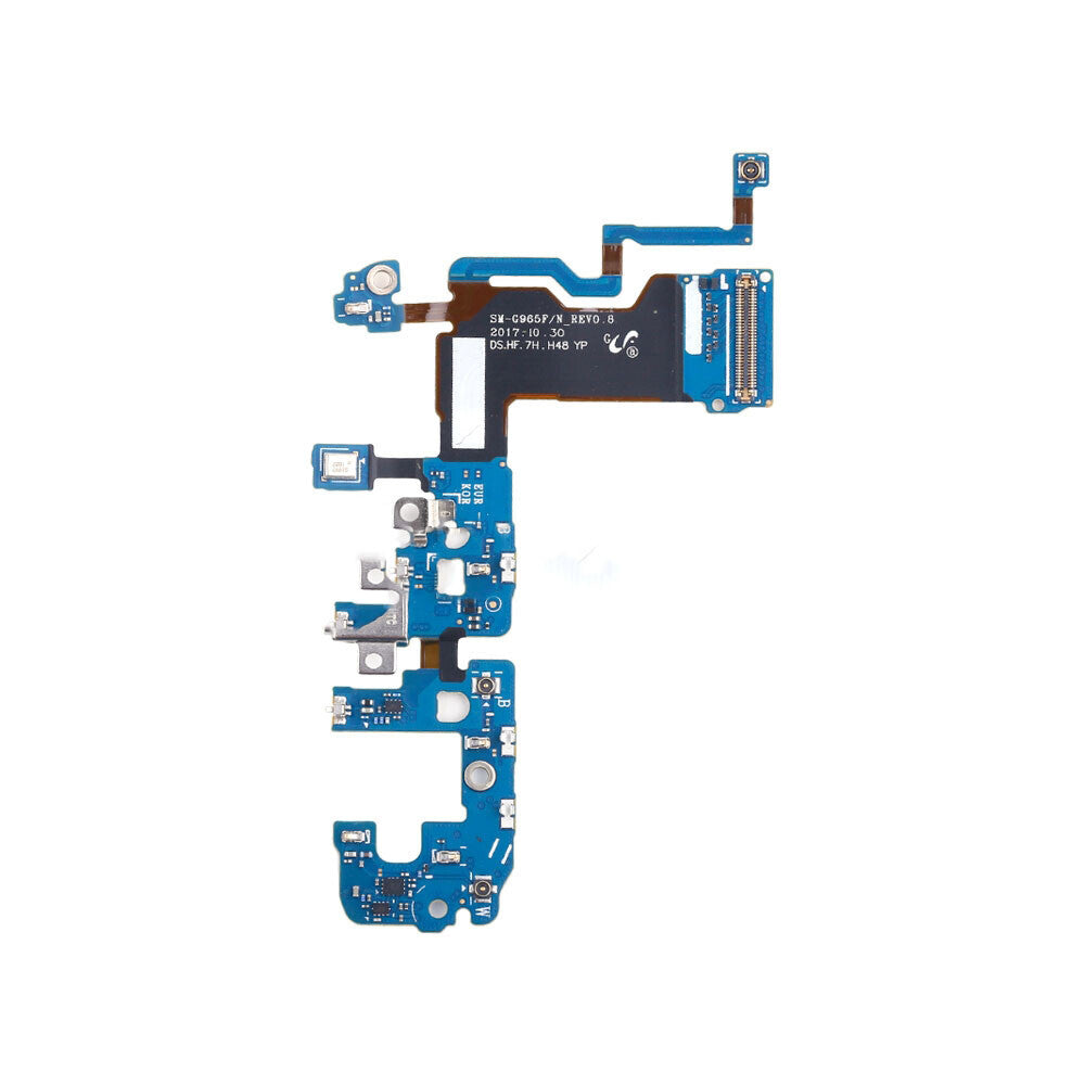 A close-up of a blue printed circuit board with various electronic components and connectors, featuring the OG Charging Port Flex Cable for Samsung Galaxy S9 Plus.