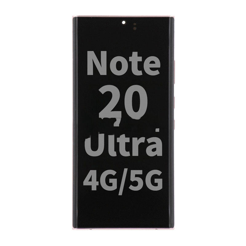 Front view of a Samsung Note 20 Ultra with "Note 20 Ultra 4G/5G" displayed on the screen, featuring an OG refurbished Mystic Bronze Display Assembly With Frame for Samsung Note 20 Ultra (N985/N986).