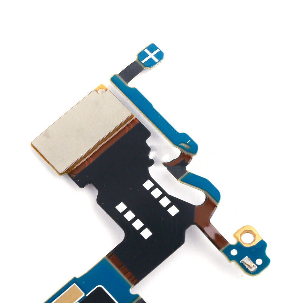 Close-up view of a Samsung Galaxy S9 G960F motherboard circuit, featuring several small components, gold connectors, and metallic contacts, along with an OEM quality OG Charging Port Board.