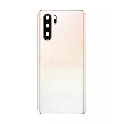 A pink Dr.Parts Back Cover Without Logo for Huawei Ascend P30 Pro seen from the back, showcasing a vertically aligned camera module with multiple lenses and a flash. The device exudes premium quality, evident in every detail of its design.