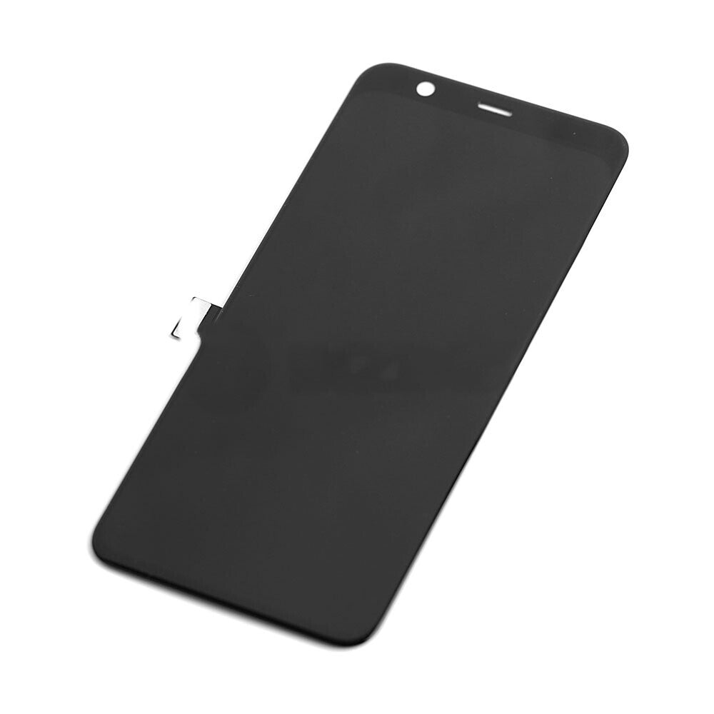 A refurbished product featuring a Display Assembly For Google Pixel 4 (Refurbished) (Black) on a white background, complete with an OG display and connector tab on the left side.