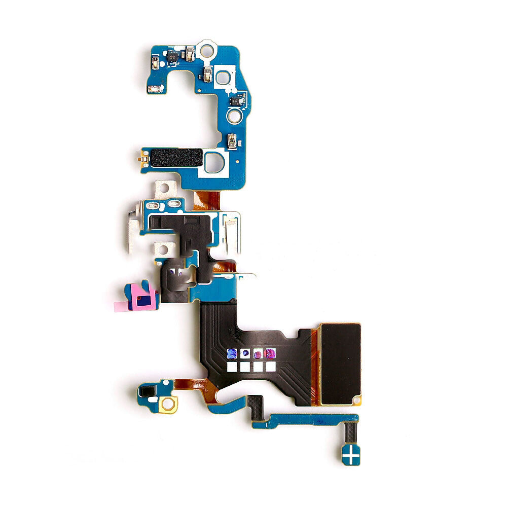 A close-up view of a blue and black circuit board with various components, including microchips and connectors, isolated on a white background, resembling an OG Charging Port Flex Cable For Samsung Galaxy S9 (G960U).