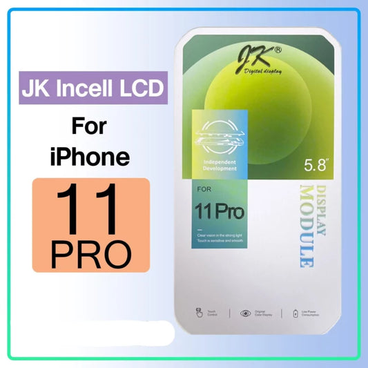 Packaging of a Cirrus-link JK Incell iPhone 11 Pro LCD Screen Replacement, featuring a 5.8-inch screen size. The package highlights "independent development," in-cell technology, and other specifications, ideal for addressing display issues.