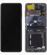 A foldable Cirrus-link Samsung Z Flip 3 smartphone shown in an open position, displaying its internal components on the right half and its front Screen Samsung Z Flip 3 Screen LCD – Black on the left half.