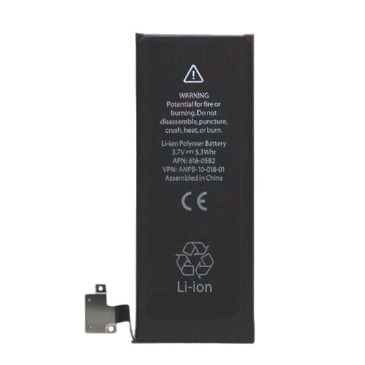 The Cirrus-link Battery Replacement for Apple iPhone 4S is a rectangular black Li-ion battery with warning text and a recycling symbol on the front, plus a small metal connector at the bottom left corner.