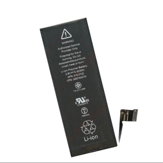 The Cirrus-link Battery Replacement - Apple iPhone 5C Li-ion Battery is a rectangular black rechargeable battery with a metal connector tab and white safety text, designed as an ideal replacement for your iPhone 5C.