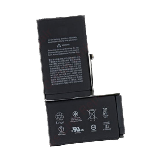 Two black rectangular Cirrus-link Battery Replacement units for Apple iPhone XS Max with printed labels are angled on a white background, emphasizing their rechargeable Li-ion technology and extended battery life.
