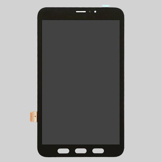 The Cirrus-link Touch screen for Samsung Galaxy Tab Active 2 (SM-T390/T395Y) LCD Assembly, in black, features three button cutouts and a left-side flex cable connector—perfect for screen replacements. Displayed against a light gray background.