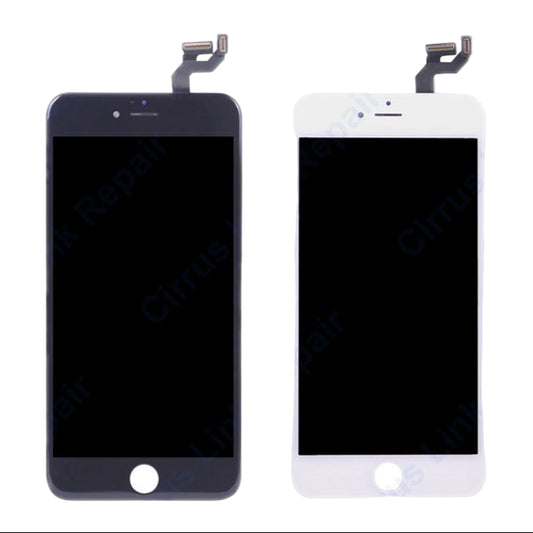 Two Cirrus-link Screen Replacement - iPhone 6S Plus LCD Screen & Digitizer Assemblies, in black and white, are shown side by side with attached flex cables—perfect for your next iPhone 6S Plus repair or screen replacement project.