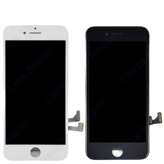 Two Cirrus-link Screen Replacement - iPhone 8 LCD Screen & Digitizer Assemblies, one in white and one in black, are displayed side by side. Each includes the front panel, home button, and attached flex cables.