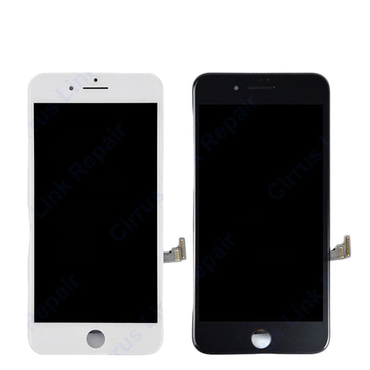 Two Cirrus-link Screen Replacement - iPhone 8 Plus LCD Screen & Digitizer Assembly units, white and black, are shown with connectors visible, highlighting complete assemblies for easy installation.
