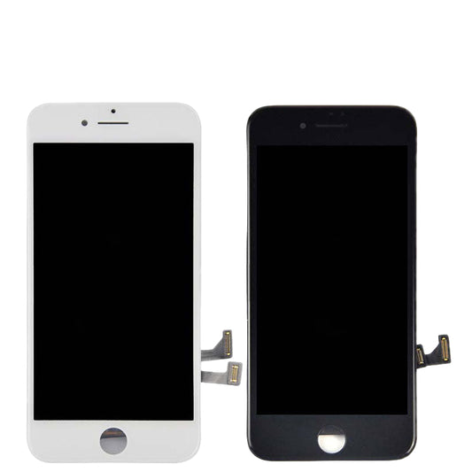 Two Cirrus-link Screen Replacement - iPhone SE (2nd Gen, 2020) LCD Screen & Digitizer Assemblies, white and black, are shown side by side with visible flex cables—perfect for iPhone SE 2020 repairs.