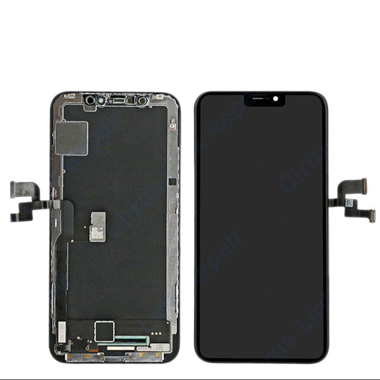 Front and back views of the Cirrus-link Screen Replacement - iPhone X LCD Screen & Digitizer Assembly, showing internal connectors and components for Apple iPhone X screen repair.
