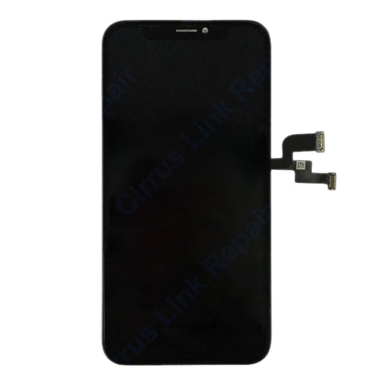 A Cirrus-link Screen Replacement for iPhone XS (LCD Screen & Digitizer Assembly) in black, featuring connector flex cables on the right, is displayed against a plain white background.