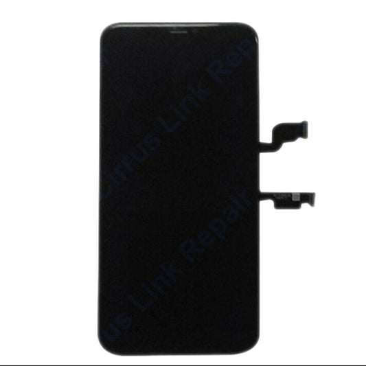 The Cirrus-link Screen Replacement - iPhone XS Max LCD Screen & Digitizer Assembly is shown in black with two ribbon connectors, displayed on a white background.