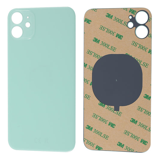 The Cirrus-link Back Glass Cover with Big Camera slot for iPhone 11 (AfterMarket) in mint green is shown front and back, featuring a camera cutout and 3M adhesive, making it ideal for iPhone 11 back glass replacement.