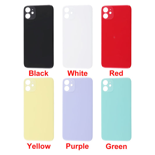 Six Cirrus-link Back Glass Covers with Big Camera slot for iPhone 11 (AfterMarket) in black, white, red, yellow, purple, and green are arranged in two rows with red color labels—ideal for a stylish upgrade or back glass replacement.