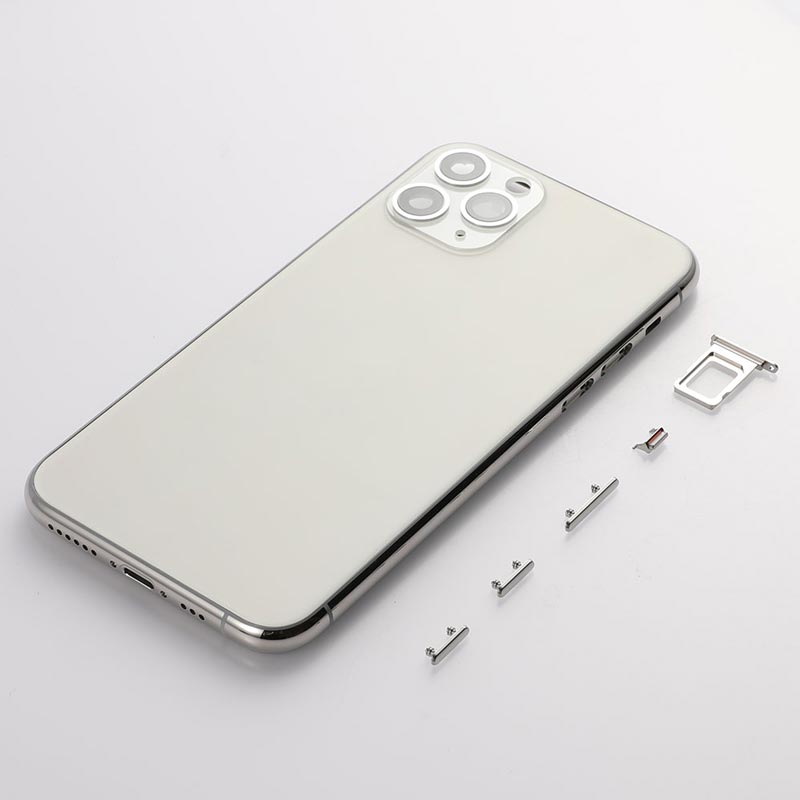 A silver Apple iPhone 11 Pro case with screws and a screwdriver.