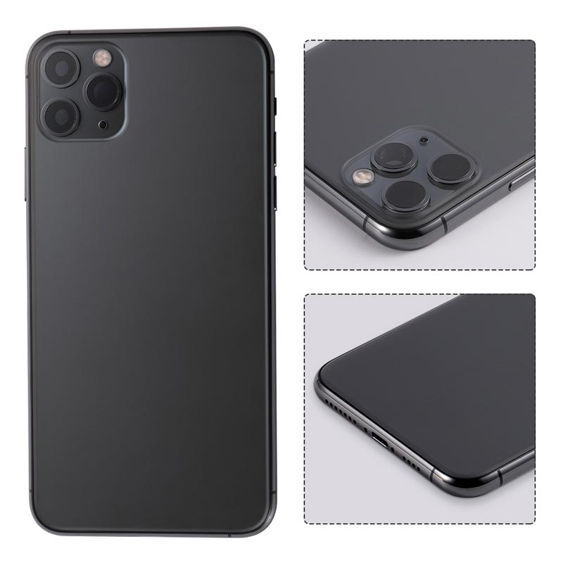 A black Apple iPhone 11 PRO MAX back cover housing frame with three different views.