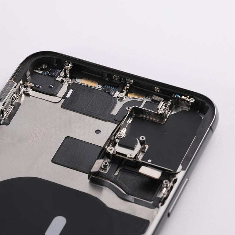A close up of an Apple iPhone 11 PRO MAX's Back Cover Housing Frame assembly with Internal Accessories - AfterMarket.