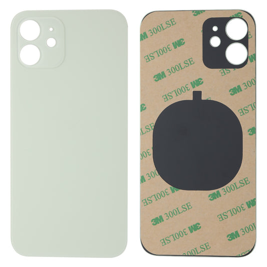 Two Cirrus-link Back Glass Covers for iPhone 12 (AfterMarket) are shown: the left is plain light green, the right displays the adhesive with black cutout and 3M 300LSE branding, ideal for back cover replacement with a big camera slot.