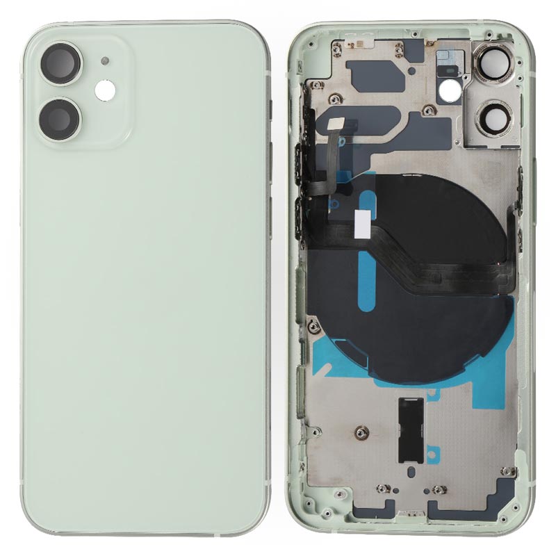 The back of an Apple iphone 11 with a green Back Cover Housing Frame for Iphone 12 MINI with Internal Accessories - AfterMarket.