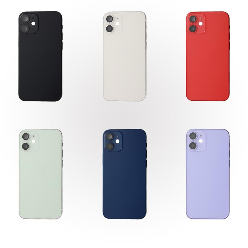 A group of Apple iPhone 12 MINI Back Cover Housing Frames with Internal Accessories in different colors.