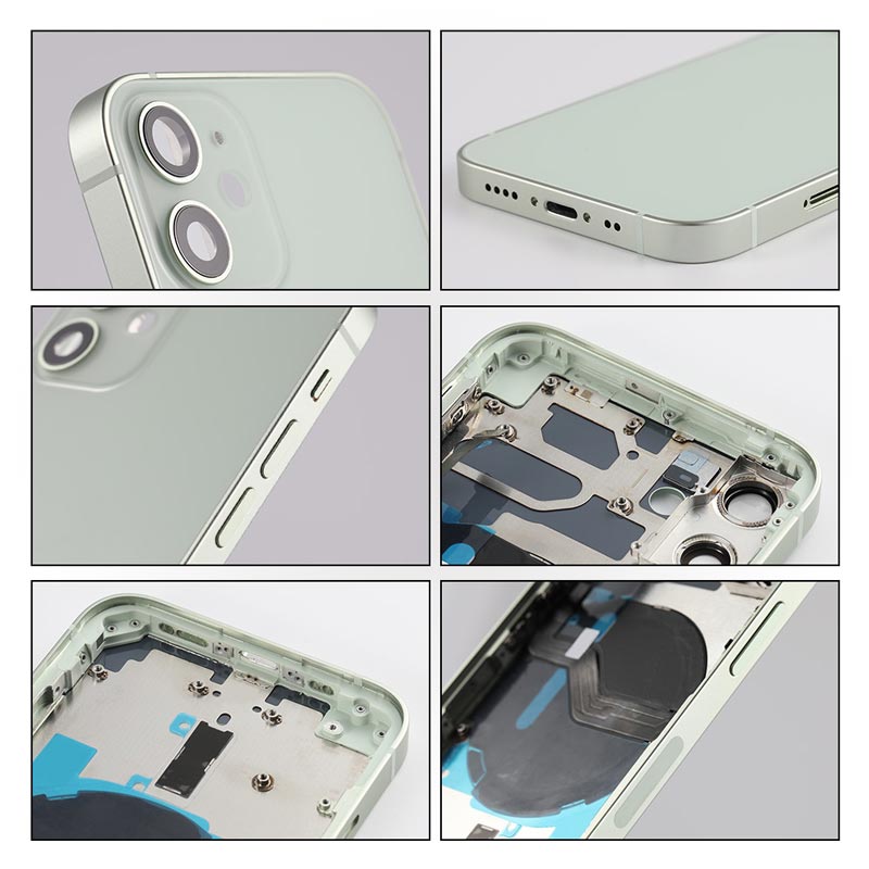 A series of photos showing the parts of an Apple iPhone 12 MINI Back Cover Housing Frame with Internal Accessories - AfterMarket.