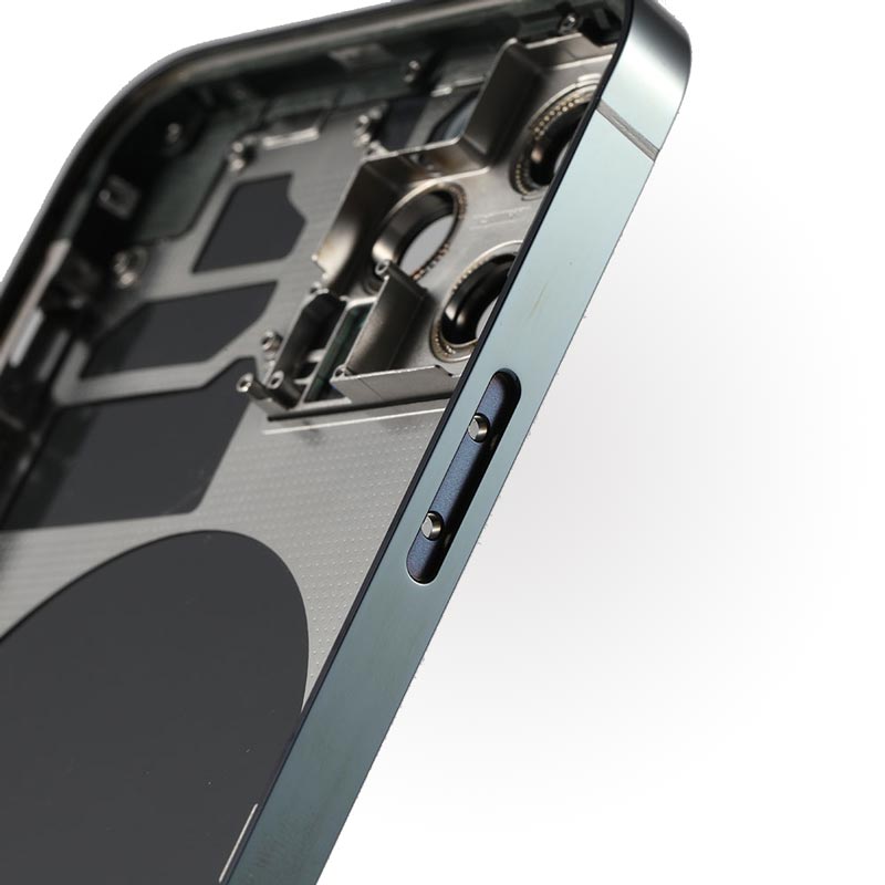 A close up view of the back of an Apple iPhone 12 PRO using the Back Cover Housing Frame.