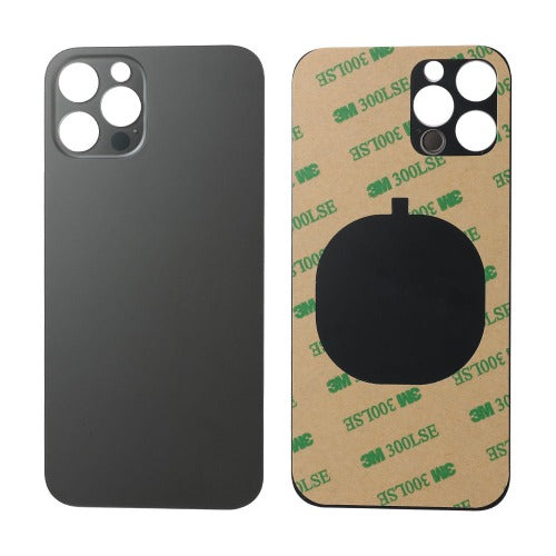 Two Cirrus-link Back Glass Covers for iPhone 12 Pro: one in matte black with a big camera slot, the other shows its 3M adhesive backing for easy replacement. Both are AfterMarket parts with identical cutouts.