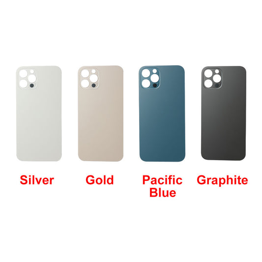 Four Cirrus-link Back Glass Covers with Big Camera slot for iPhone 12 Pro (AfterMarket) are displayed in silver, gold, pacific blue, and graphite, each labeled with its color name in red text below.