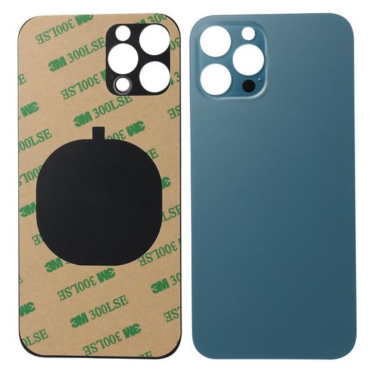 Two phone case parts: a Cirrus-link adhesive-backed piece with a black patch, and a plain blue Cirrus-link Back Glass Cover with Big Camera Slot for iPhone 12 Pro Max (AfterMarket).