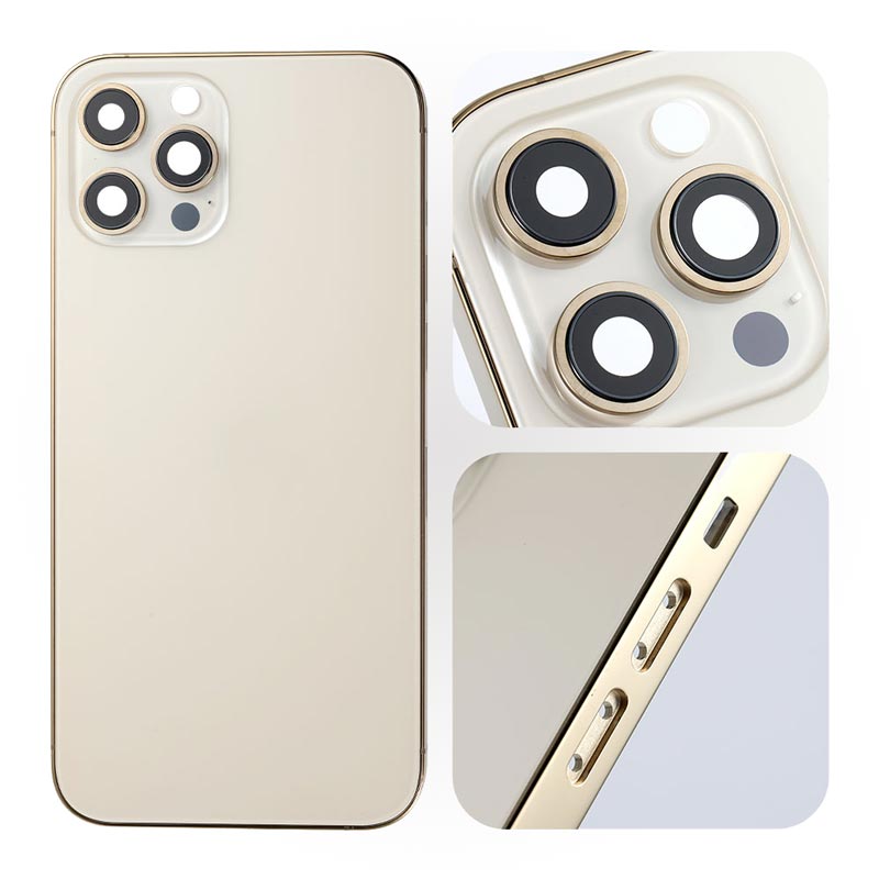 A gold Apple iphone 12 PRO MAX case with three lenses.