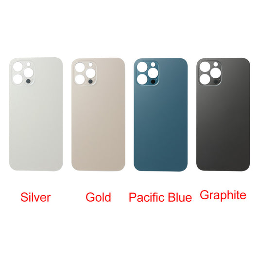 Four Cirrus-link Back Glass Covers with Big Camera slot for iPhone 12 Pro Max (AfterMarket) are shown in silver, gold, pacific blue, and graphite, each color labeled to display replacement options.