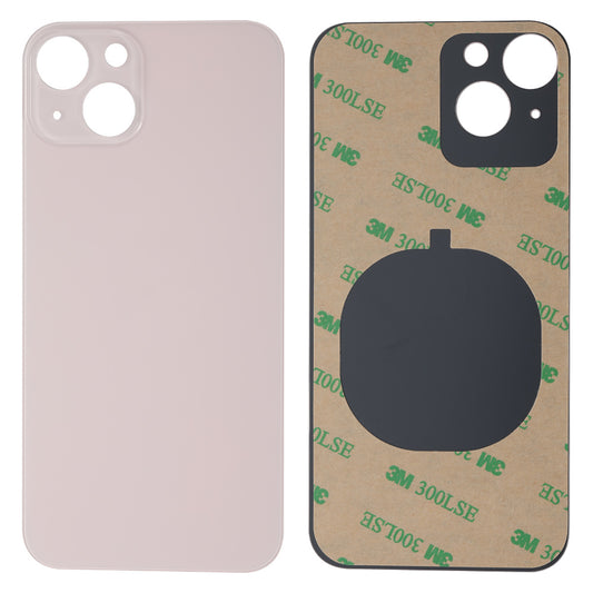 Two Back Glass Covers by Cirrus-link for iPhone 13 are shown: one is plain light pink, the other shows an adhesive 3M backing with a large camera slot—ideal for easy iPhone 13 back glass cover replacement (AfterMarket).