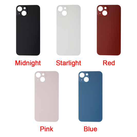 Five Cirrus-link Back Glass Covers for iPhone 13 (AfterMarket) in Midnight, Starlight, Red, Pink, and Blue are displayed in two rows—ideal for replacing your iPhone 13 back glass with a big camera slot.