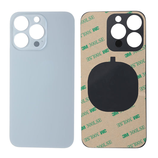 Two Cirrus-link Back Glass Covers for iPhone 13 Pro are shown: the left is a light blue aftermarket cover with a big camera slot, the right reveals the 3M-branded adhesive side and a black circular area.