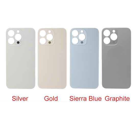 Four Cirrus-link Back Glass Covers with Big Camera Slot for iPhone 13 Pro (AfterMarket) in silver, gold, sierra blue, and graphite are shown side by side, each labeled—ideal replacements for your iPhone 13 Pro.