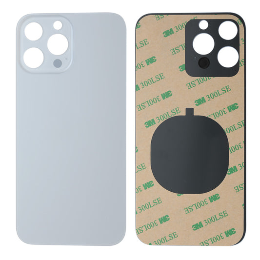 Two views of the Cirrus-link Back Glass Cover with Big Camera slot for iPhone 13 Pro Max (AfterMarket): the left shows the exterior, and the right displays adhesive and a large camera cutout.