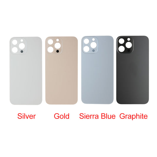 Four Cirrus-link Back Glass Covers for iPhone 13 Pro Max (AfterMarket) are shown in silver, gold, sierra blue, and graphite—each labeled with its color—featuring big camera slots for perfect phone repairs.