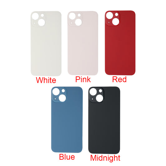 Cirrus-link’s Back Glass Cover with Big Camera slot for iPhone 13 MINI—shown in white, pink, red, blue, and midnight—is an AfterMarket replacement displayed in two rows with color labels for easy installation.