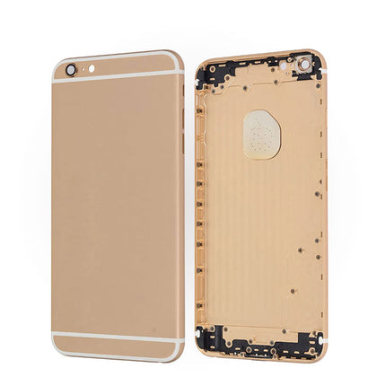 The back of an Apple iphone 6 Plus with a gold cover housing frame.