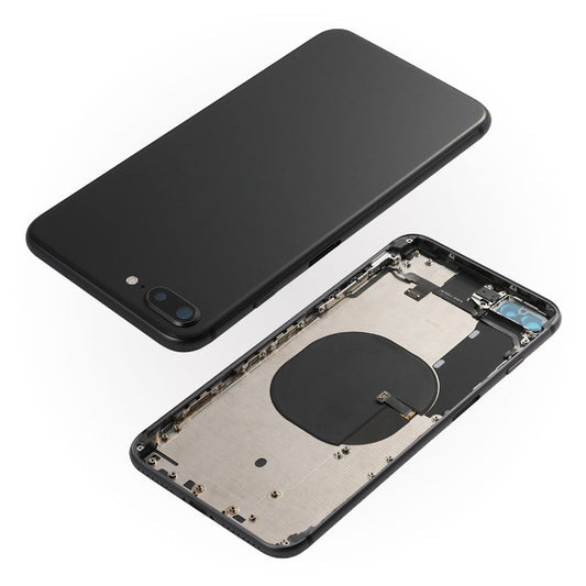 A black phone with a black Apple Back Cover Housing Frame for iphone 8 Plus with Internal Accessories - AfterMarket.