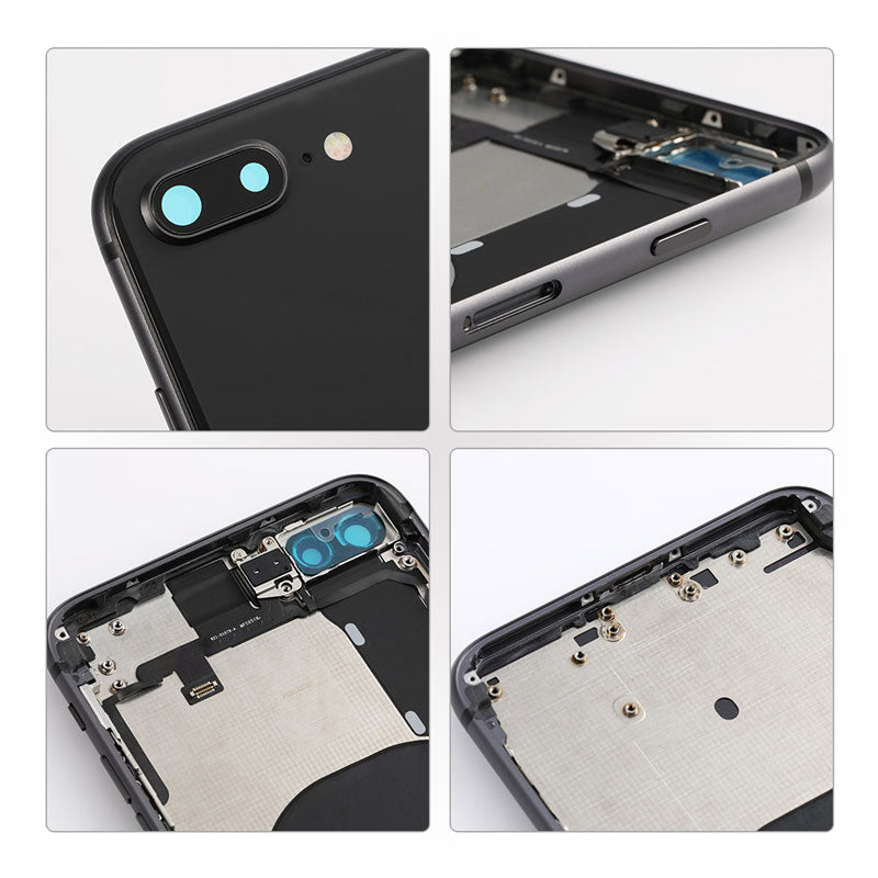 A series of photos showing the different parts of an Apple Back Cover Housing Frame for Iphone 8 Plus with Internal Accessories - AfterMarket.