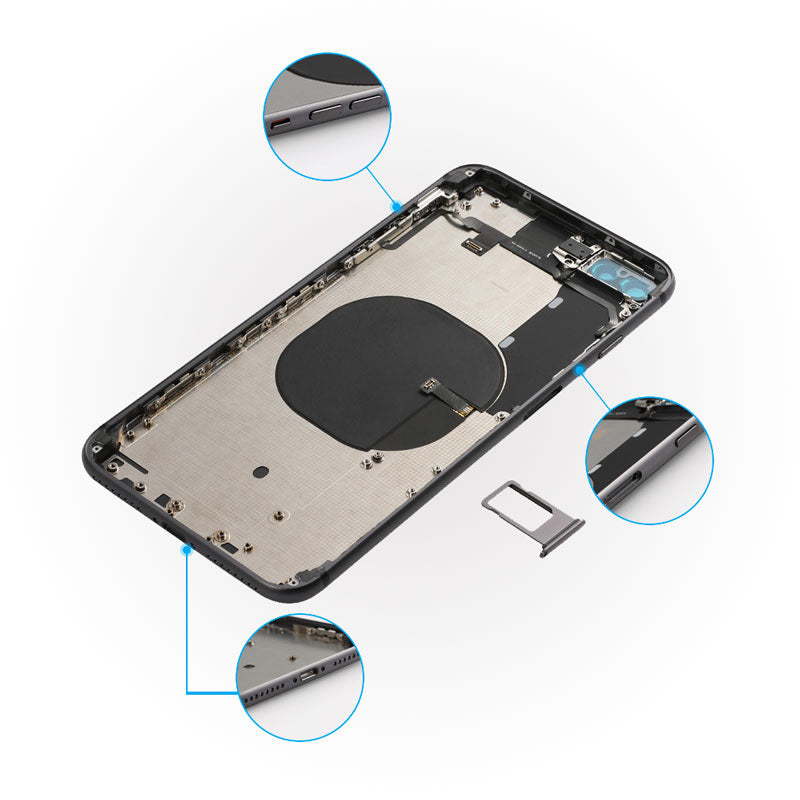 The back of an Apple iPhone 8 Plus with Internal Accessories - AfterMarket back cover housing frame is shown with different parts.