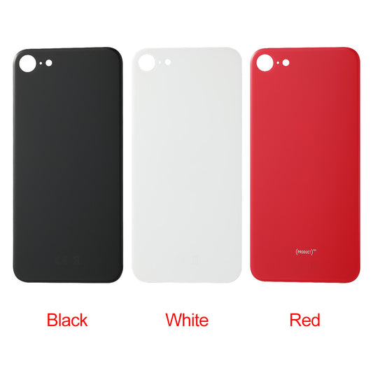 Three Cirrus-link Back Glass Covers with Big Camera slot for iPhone SE2 (AfterMarket) in black, white, and red are displayed side by side on a white background, each labeled by color—ideal for iPhone SE2 back glass replacement.