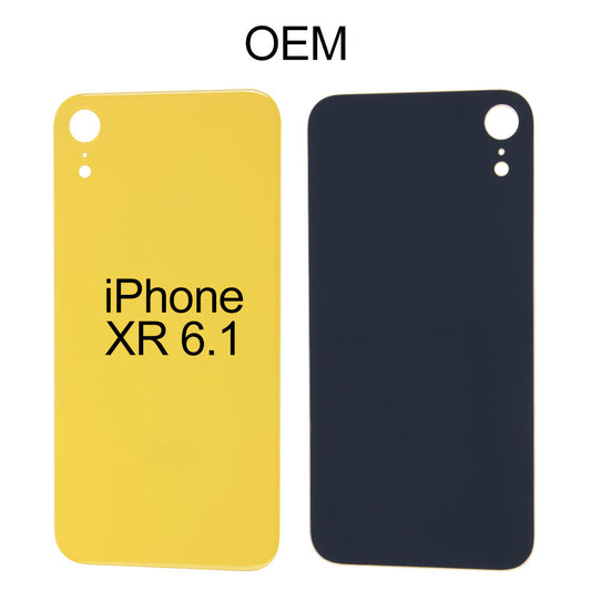 Two Cirrus-link Back Glass Covers with Big Camera slots for iPhone XR—one yellow with text, one black—are shown side by side on a white background labeled "AfterMarket," highlighting the quality of these replacement parts.