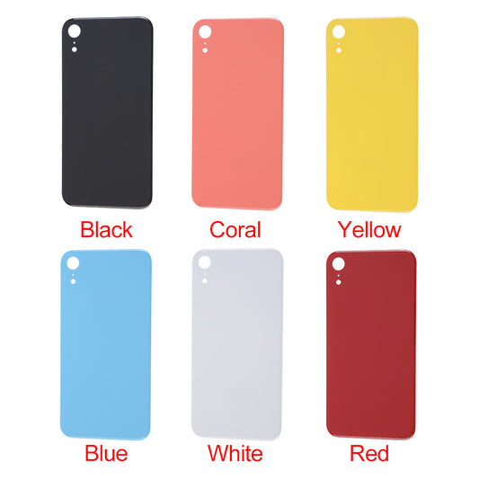 Six Cirrus-link Back Glass Covers with Big Camera slot for iPhone XR - AfterMarket, in black, coral, yellow, blue, white, and red are arranged in two rows—ideal for your iPhone XR back cover replacement.